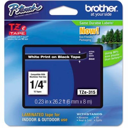 Brother Brother® P-Touch® TZe Labeling Tape, 1/4"W, White on Black TZE315